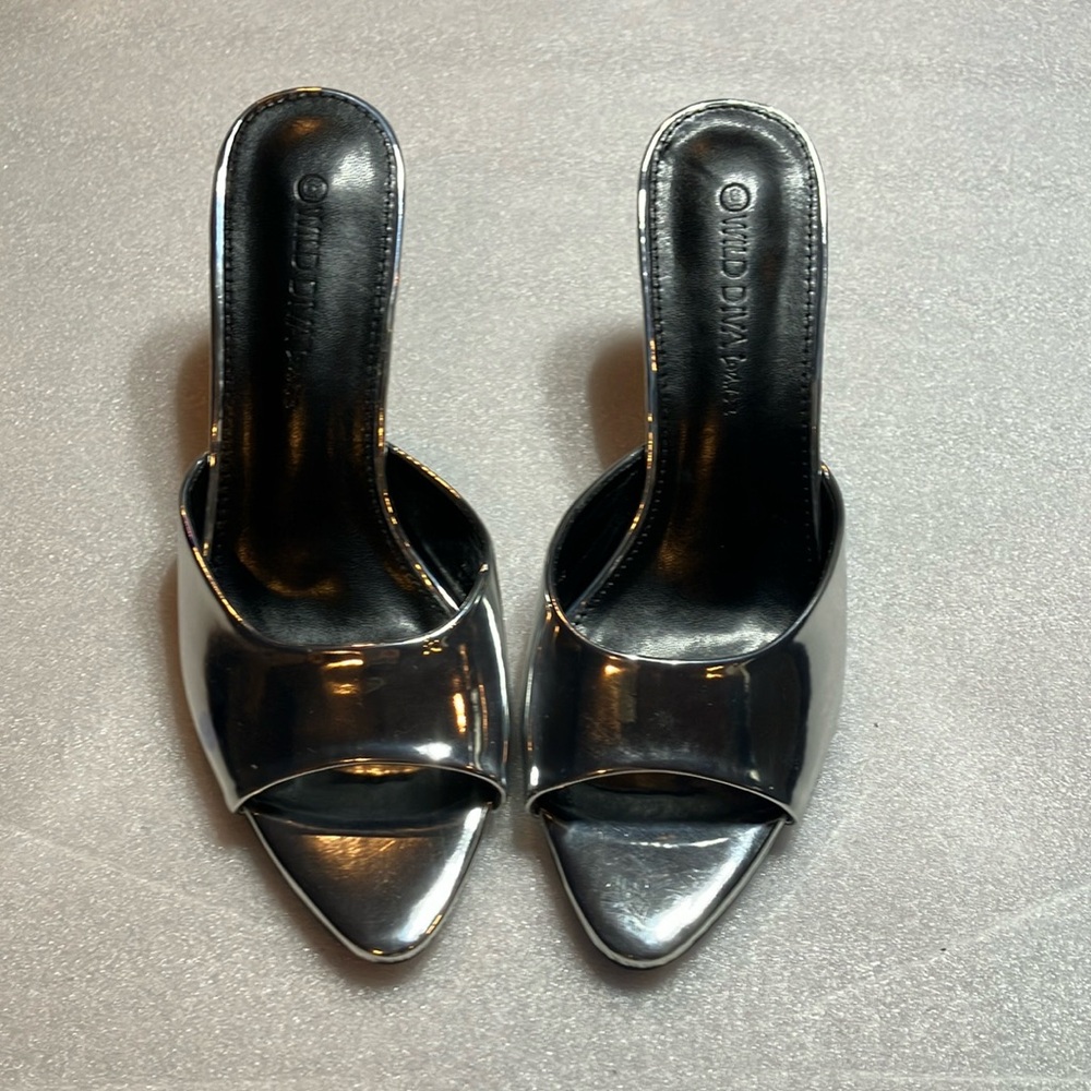 Wild Diva silver patent mules heels